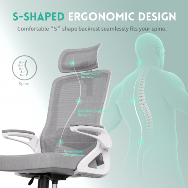 Office Chair, S-Shaped Ergonomic Mesh Desk Chair, Adjustable Headrest & Height, Widened Cushion, 90°Flip-Up Armrest, Hassle-Free Assembly & Storage, Home/Office/Bedroom Computer Chair with 360° Casters